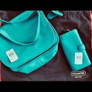 Green Coach Handbag with matching wallet.